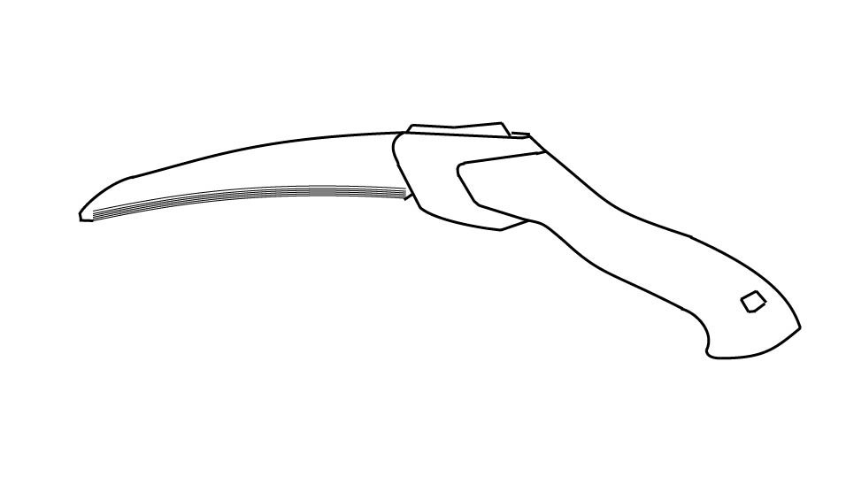 Technical line drawing of a pruning saw against a blueprint-style background by John D. Reinhart, created using the Three Point Line illustration method
