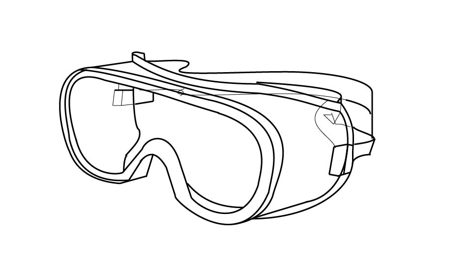 A line drawing of standard safety goggles