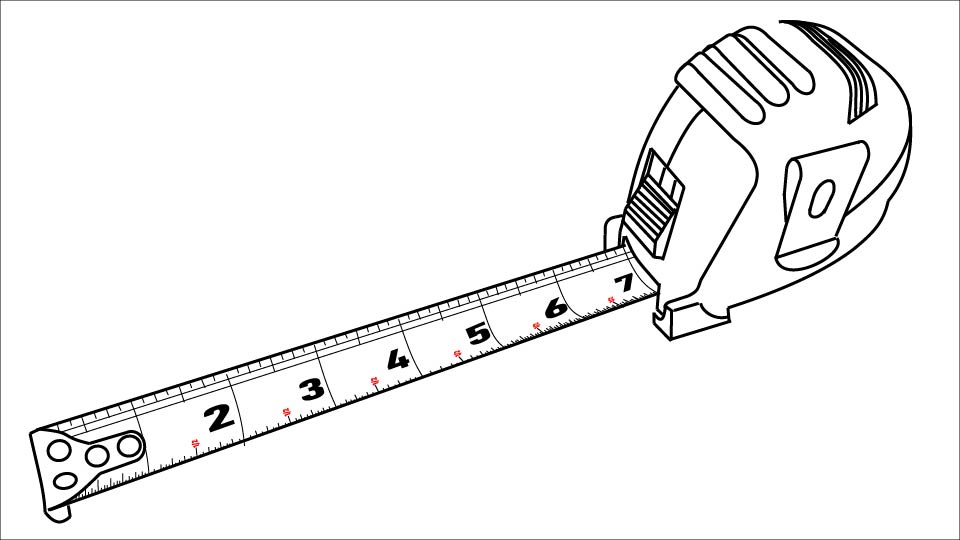 A line drawing of a tape measure with the tape extended 7 inches