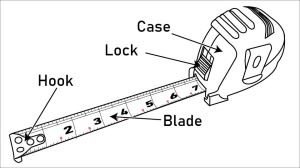 a line drawing of a tape measure with the tape extended 7 inches. Call outs identify the case, lock, hook, and tape.