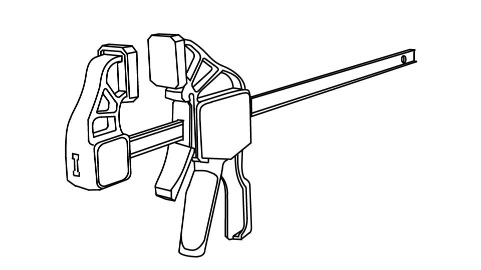 A three-point illustration of a trigger clamp.