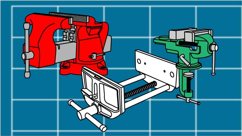 Technical line drawing of a variety of vises against a blueprint-style background by John D. Reinhart, created using the Three Point Line illustration method