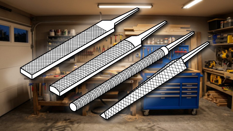 Technical three-point-line drawing of four common metal file types in the Skippity workshop by John D. Reinhart