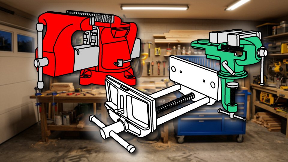 Technical three-point-line drawing of three common vises in the Skippity workshop by John D. Reinhart