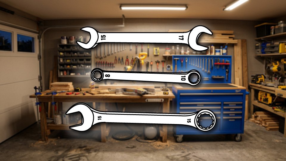 Technical three-point-line drawing of three common wrenches in the Skippity workshop by John D. Reinhart