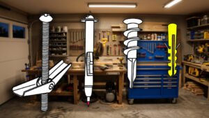 Technical three-point-line drawing of a group of four different drywall anchors in the Skippity workshop by John D. Reinhart