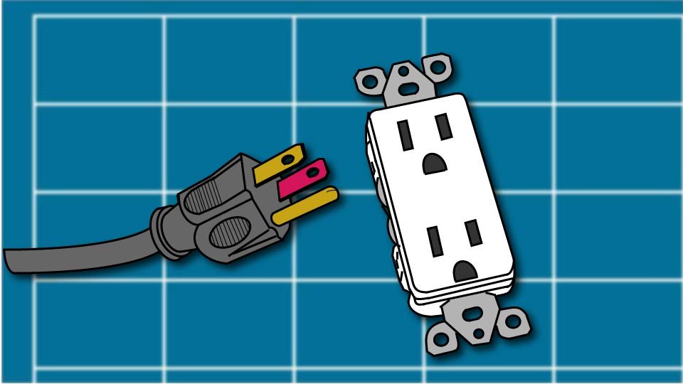 Technical line drawing of an electrical outlet and a grounded plug against a blueprint-style background by John D. Reinhart, created using the Three Point Line illustration method