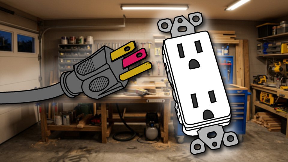 Technical three-point-line drawing of a grounded electrical plug and receptacle in the Skippity workshop by John D. Reinhart