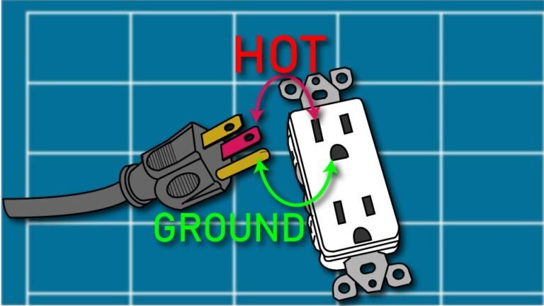 Technical line drawing of an electrical outlet and grounded-plug with the hot and ground pins identified against a blueprint-style background by John D. Reinhart, created using the Three Point Line illustration method