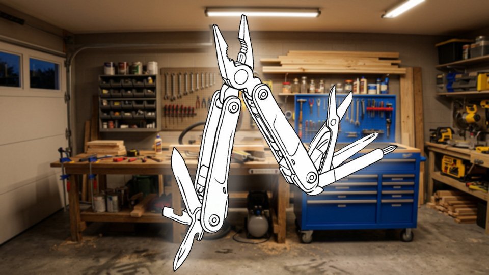 Technical line drawing of a multi-tool in the Skippity garage.