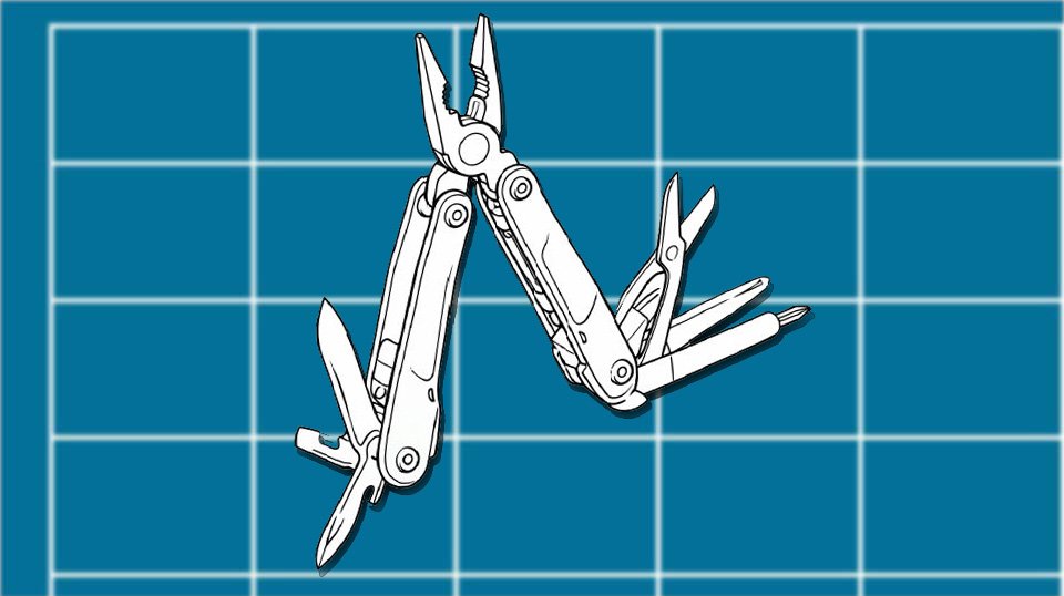 Technical line drawing of a multi-tool against a blueprint-style background