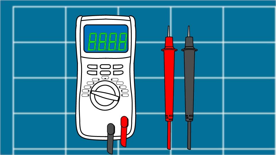 Technical line drawing of a digital multimeter against a blueprint-style background by John D. Reinhart, created using the Three Point Line illustration method