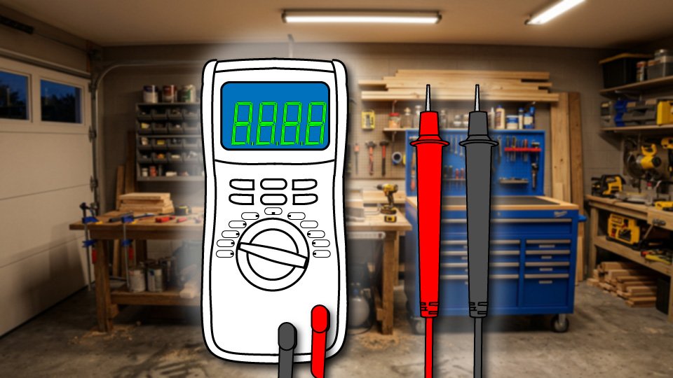 Technical three-point-line drawing of a multimeter and probes in the Skippity workshop by John D. Reinhart