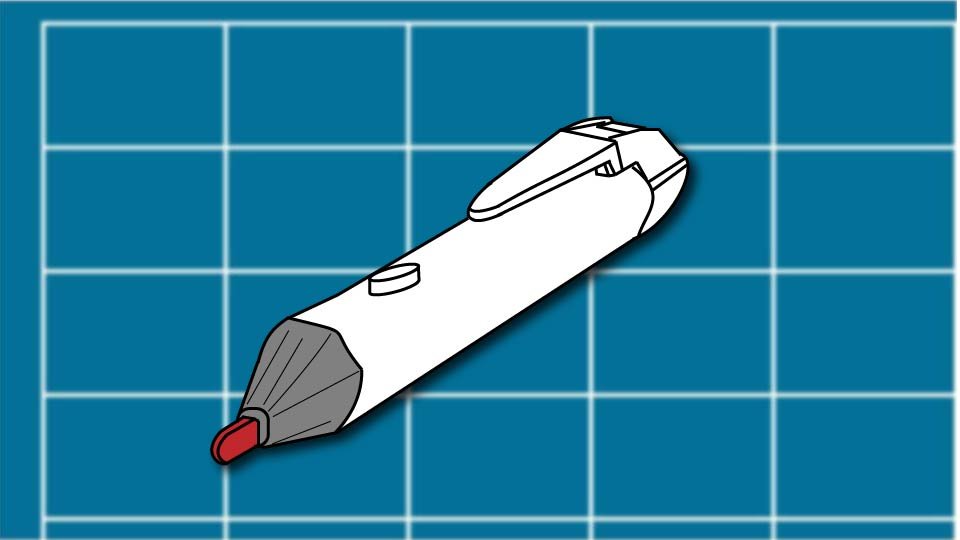 Technical line drawing of a non-contact voltage tester against a blueprint-style background by John D. Reinhart, created using the Three Point Line illustration method