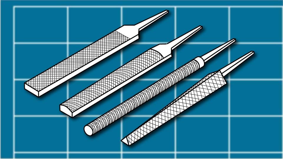 Technical line drawing of a group of four files against a blueprint-style background by John D. Reinhart, created using the Three Point Line illustration method