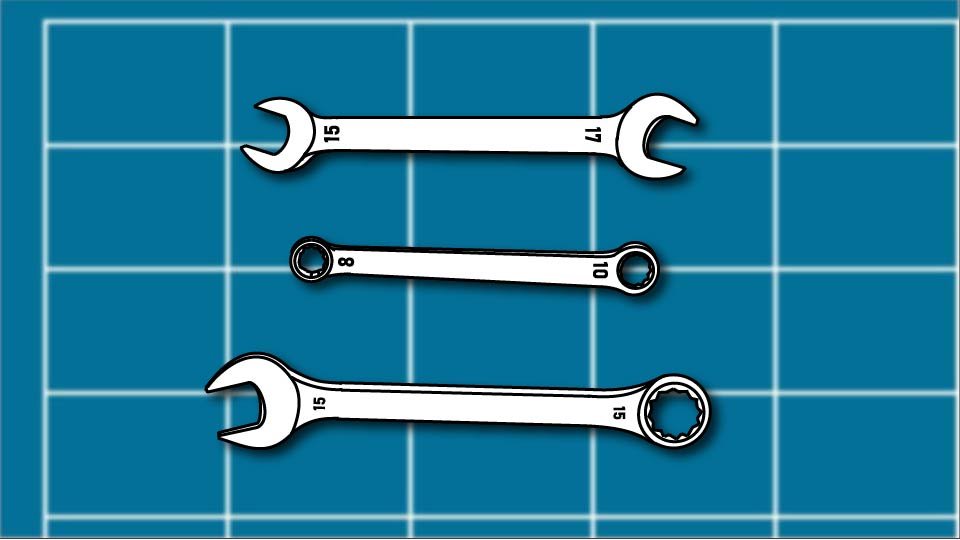 Technical line drawing of the three standard spanner types against a blueprint-style background by John D. Reinhart, created using the Three Point Line illustration method