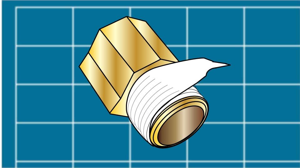 Technical line drawing of the correct wrap of Teflon tape on a pipe fitting against a blueprint-style background by John D. Reinhart, created using the Three Point Line illustration method