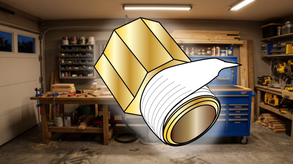 Technical three-point-line drawing of Teflon tape wrapped around the threads of a brass pipe fitting in the Skippity workshop by John D. Reinhart