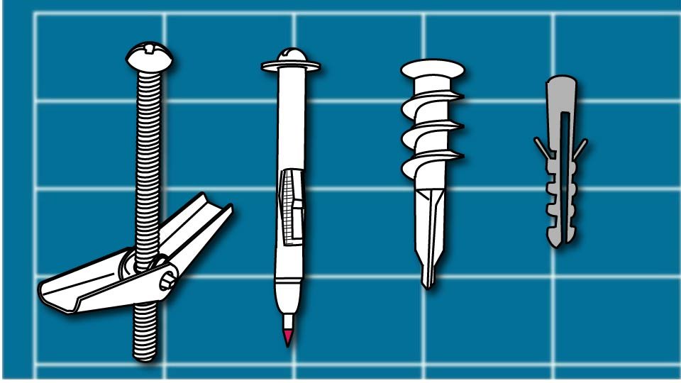 Technical line drawing of the four major types of toggle bolts arrayed against a blueprint-style background by John D. Reinhart, created using the Three Point Line illustration method