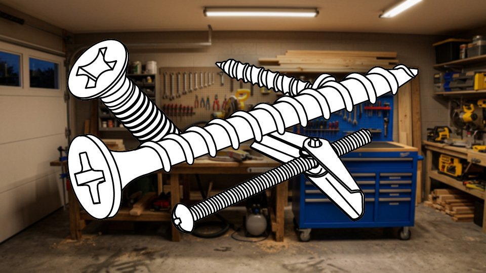 Technical three-point-line drawing of a group of four common screws in the Skippity workshop by John D. Reinhart
