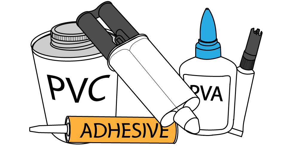 A Line drawing of an assortment of types of adhesives by John D Reinhart
