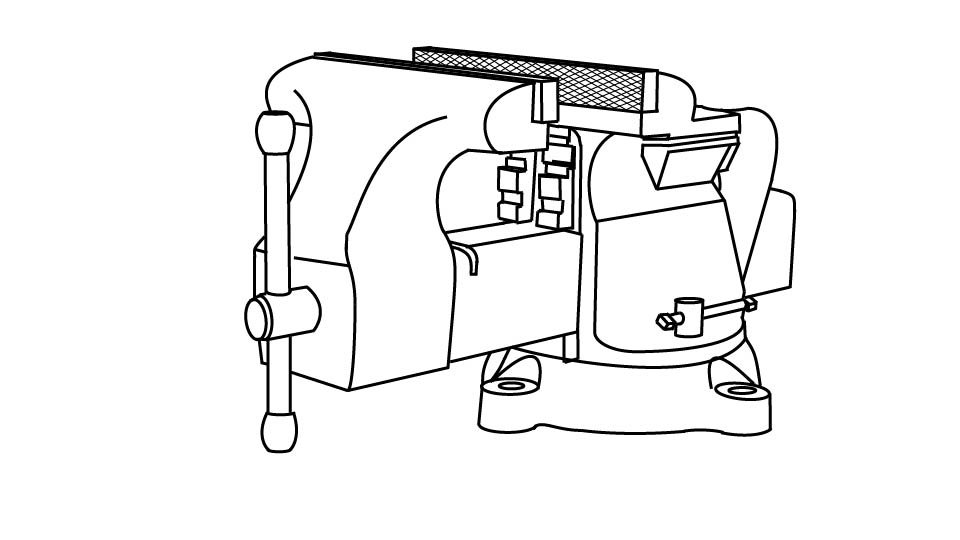 A three-point line illustration of a bench vise