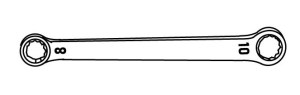 A line drawing of a box-end wrench featuring metric markings.