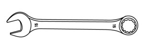 A line drawing of a combination wrench featuring metric markings.
