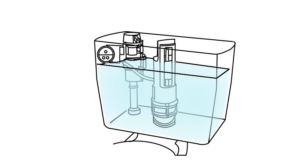 A cutaway drawing of a dual-flush toilet