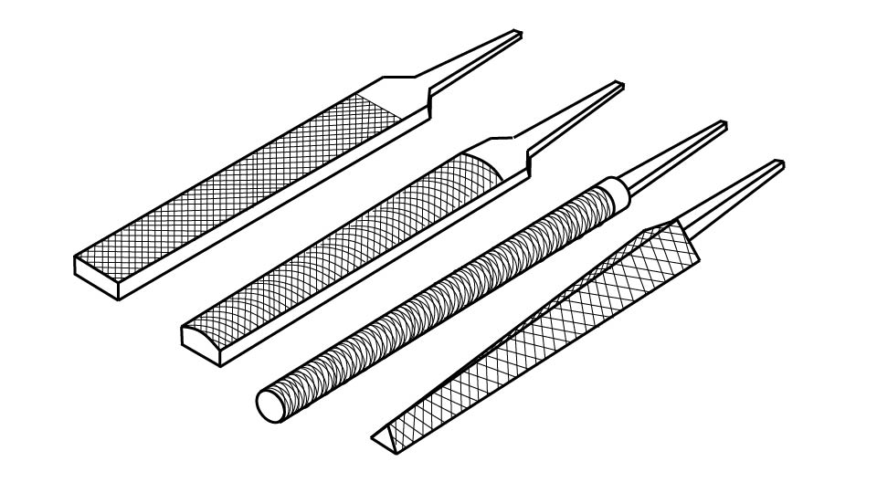 A line drawing of four files, including a flat, half-round, round, and triangular file