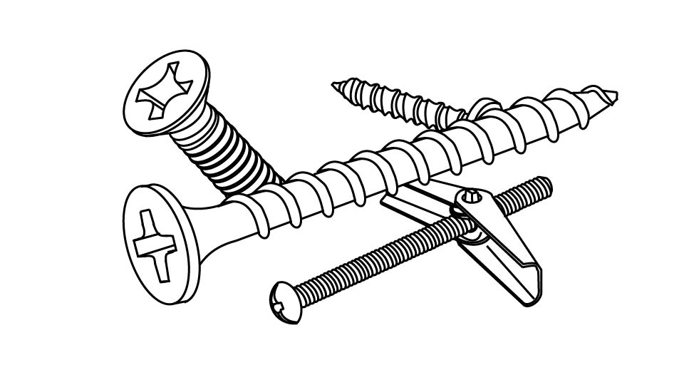 A line drawing of a collection of fasteners including screws and a toggle bolt