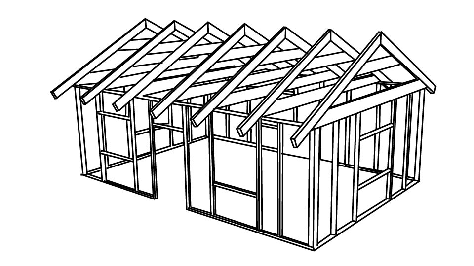 A line drawing of a wood-framed house