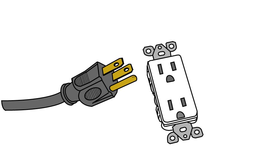 A line drawing of a grounded outlet and extension cord