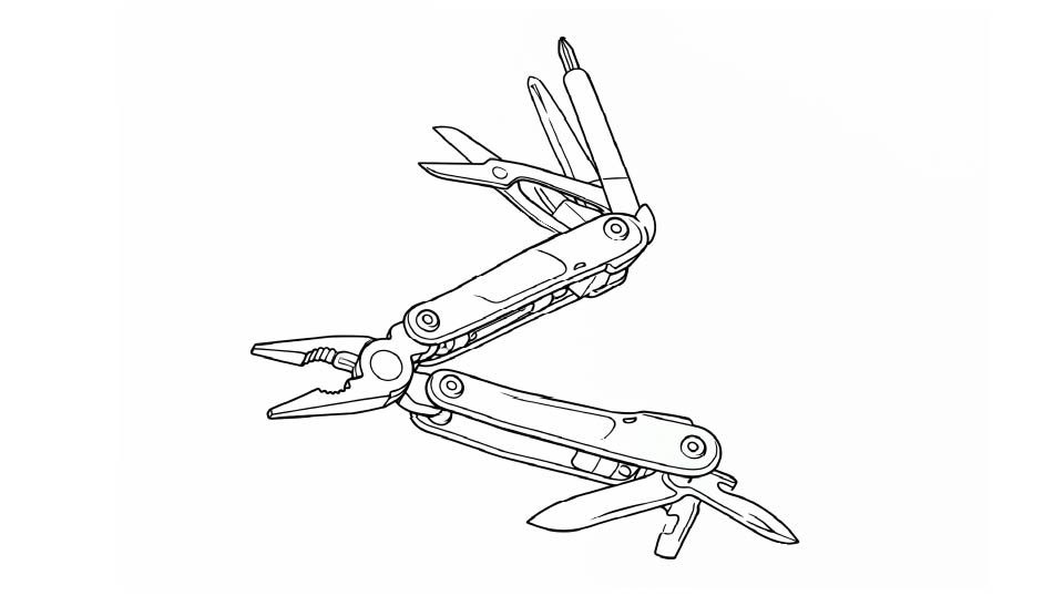 A line drawing of a multi-tool with the tools extended