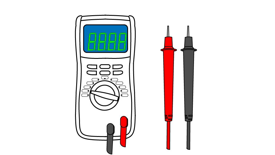 A line drawing of a digital multimeter and probes