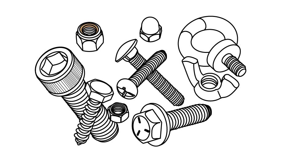 A line drawing of assorted nuts and bolts