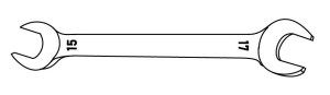 A line drawing of an open-end wrench featuring metric markings.