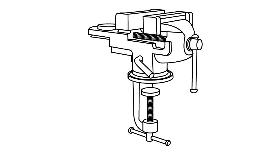 A three-point line illustration of a portable vise.