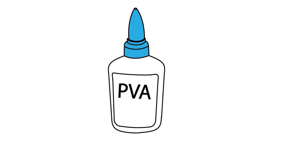 Line drawing of a small bottle of PVA (white glue) by John D Reinhart