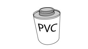 A line drawing of a tin of adhesive bearing the label PVC