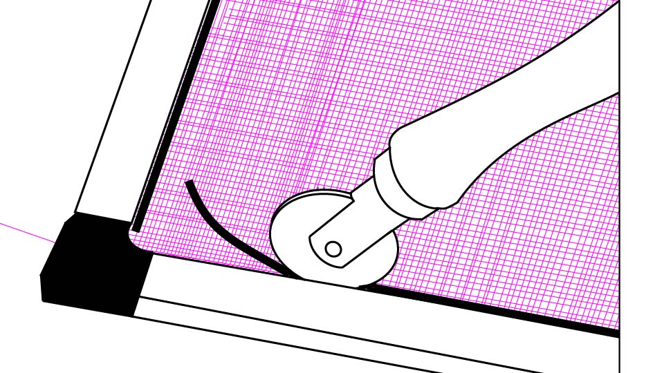 A line drawing of a spline tool in action on a window screen