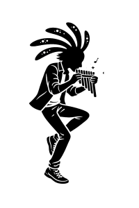 A silhouette of a modern young man in the pose of a kokopelli, playing a pan flute.