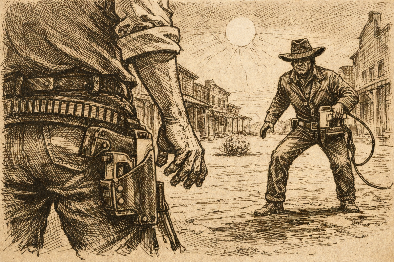 A pen-and-ink style image of two cowboys facing off for a shootout using staple guns