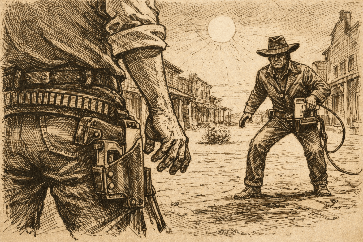A pen-and-ink style image of two cowboys facing off for a shootout using staple guns