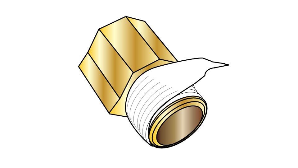 A line drawing of plumber's tape on the end of a brass fitting