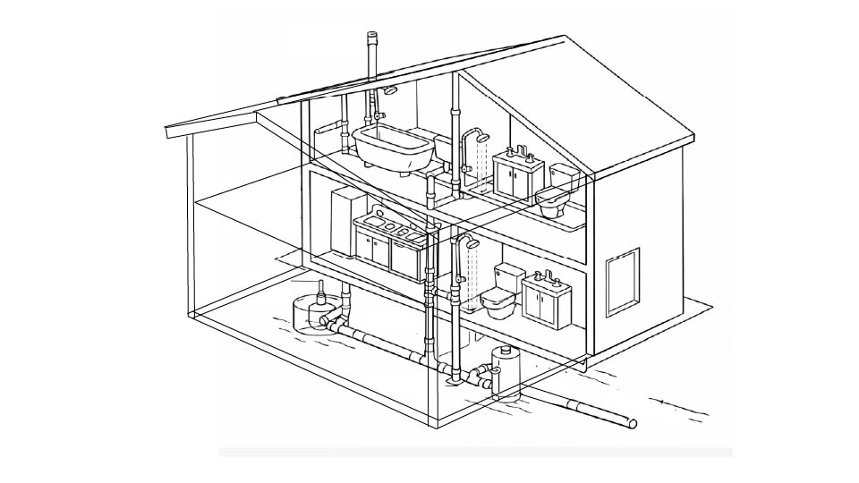 An illustration of the plumbing inside a house's walls by John D Reinhart