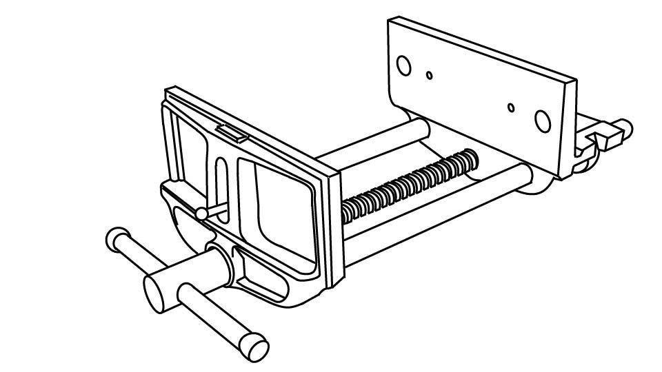 A three-point line illustration of a woodworking vice