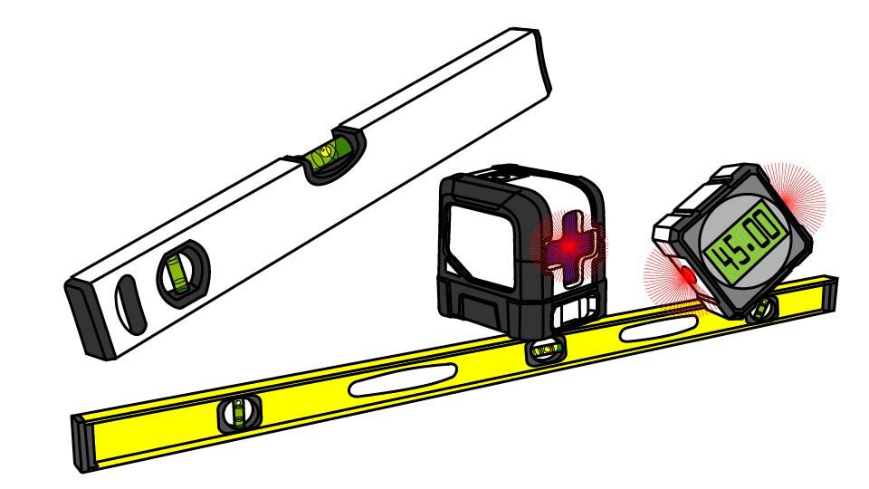A line drawing of four levels - a spirit level, a box level, a laser level, and an angle finder - by John D Reinhart