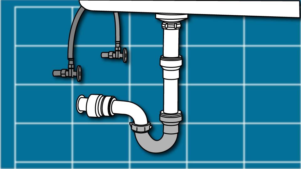 Technical line drawing of a P-Trap system against a blueprint-style background by John D. Reinhart, created using the Three Point Line illustration method