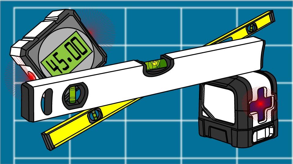 Technical line drawing of a collection of leveling devices against a blueprint-style background by John D. Reinhart, created using the Three Point Line illustration method